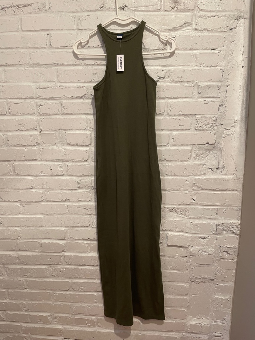 NWT Old Navy Ribbed Olive Green Maxi High Neck Tank Dress with Built-In Bra